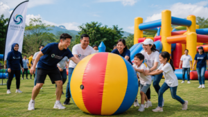 Peserta fun outbound inflatable balon bermain bersama dalam acara family day dan team building Semesta Indonesia.