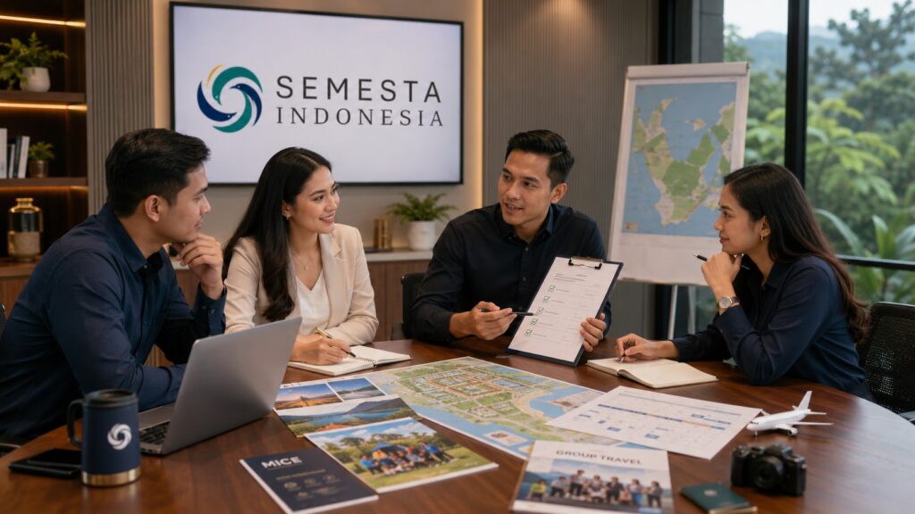 Tim Semesta Indonesia membahas data brief event, gathering, outbound, MICE, dan perjalanan grup sebelum konsultasi.