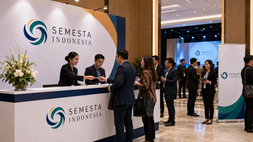 Ilustrasi registrasi corporate event Semesta Indonesia dengan staf EO, tamu perusahaan, backdrop logo, dan suasana acara profesional.