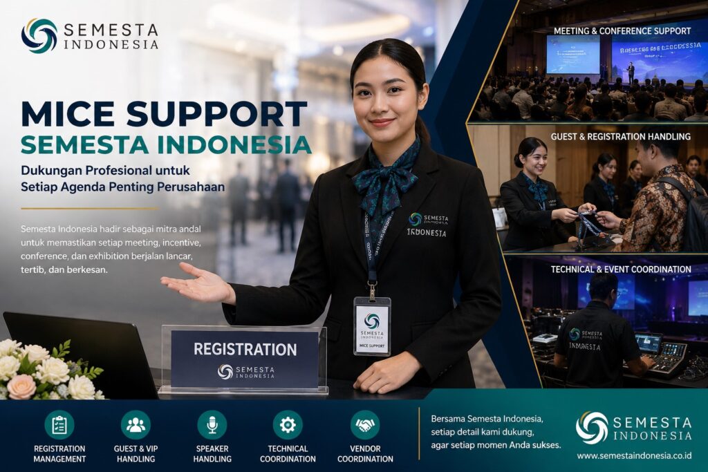 MICE Support Semesta Indonesia untuk meeting, conference, seminar, exhibition, dan forum resmi dengan dukungan registrasi, guest handling, teknis, dan vendor coordination.
