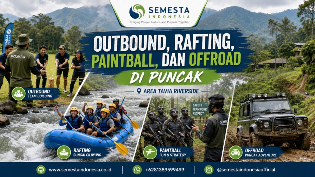 Peserta kegiatan outbound dan adventure mengikuti briefing di area riverside Puncak sebelum memulai program kelompok.