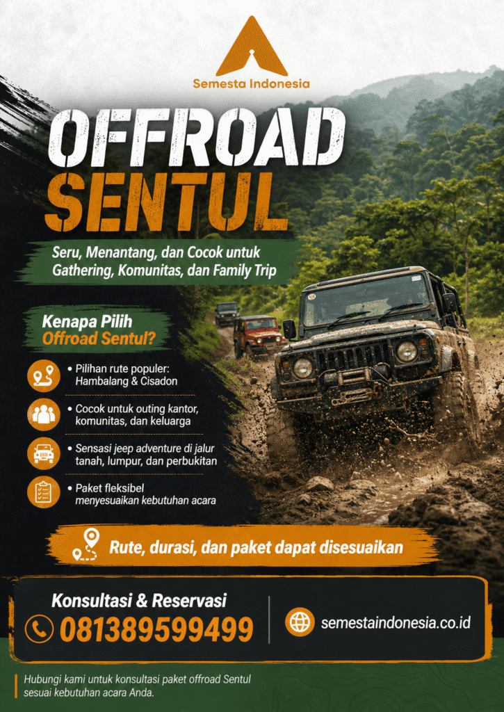 Keluarga menikmati paket family offroad Sentul rute Hambalang menggunakan Land Rover di jalur tanah kawasan perbukitan.