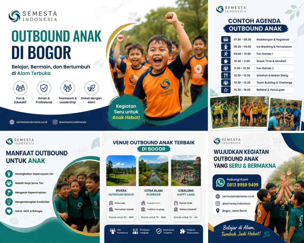 Kolase promosi outbound anak di Bogor bersama Semesta Indonesia dengan kegiatan fun games, manfaat, agenda acara, venue, dan CTA konsultasi.
