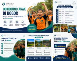 Kolase promosi outbound anak di Bogor bersama Semesta Indonesia dengan kegiatan fun games, manfaat, agenda acara, venue, dan CTA konsultasi.