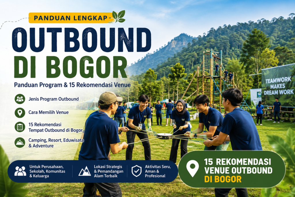 Peserta outbound mengikuti aktivitas team building di area alam Bogor dengan latar pegunungan.