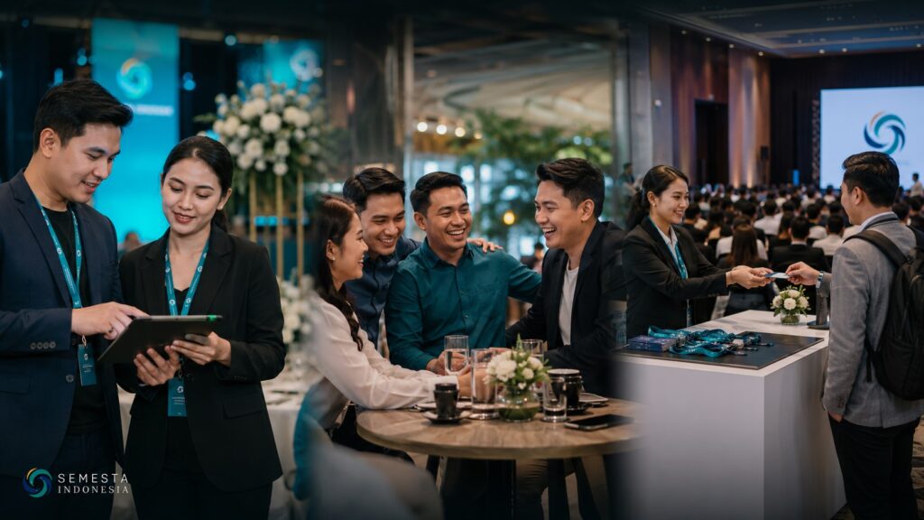 Tim event Semesta Indonesia mengelola corporate event, corporate gathering, dan MICE support dalam suasana acara perusahaan profesional.