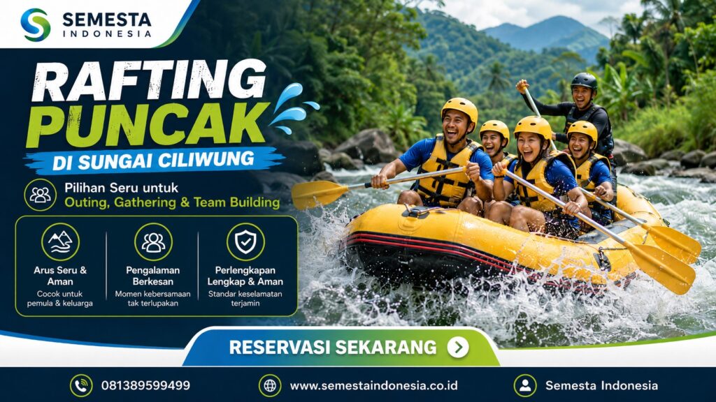 peserta rafting di Sungai Ciliwung Puncak menggunakan helm dan pelampung untuk kegiatan outing perusahaan, komunitas, sekolah, dan team building bersama Semesta Indonesia.