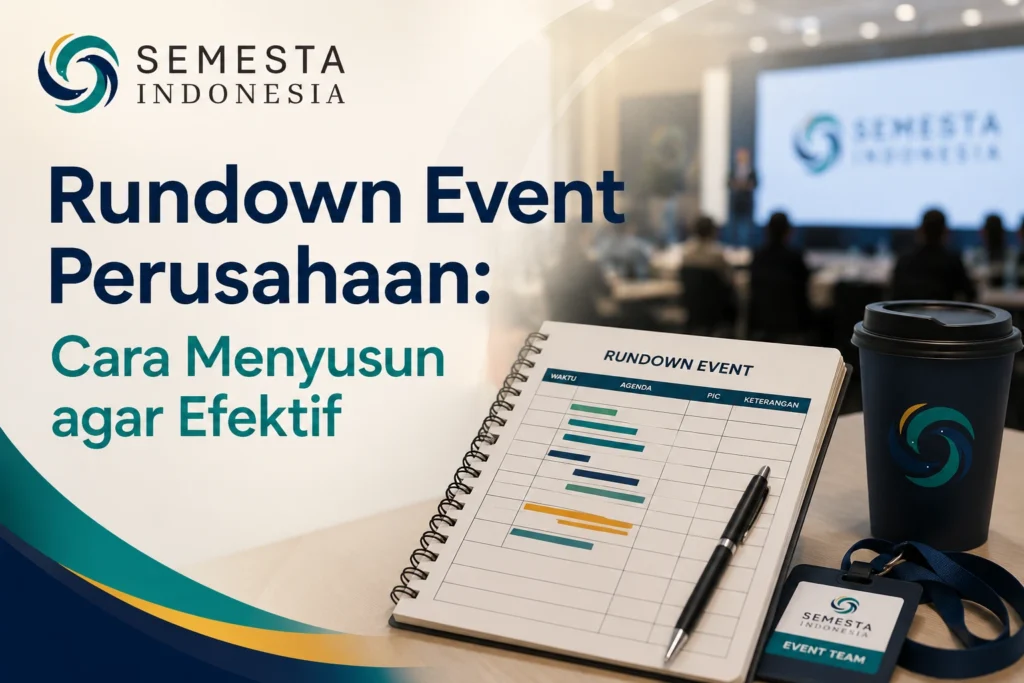 Tim panitia perusahaan membahas rundown event perusahaan bersama event organizer, vendor, dan PIC teknis sebelum acara berlangsung.