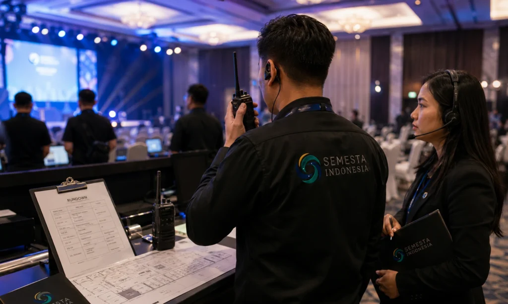 Tim Semesta Indonesia menjalankan event coordination support di venue acara dengan rundown, radio komunikasi, dan koordinasi PIC lapangan.