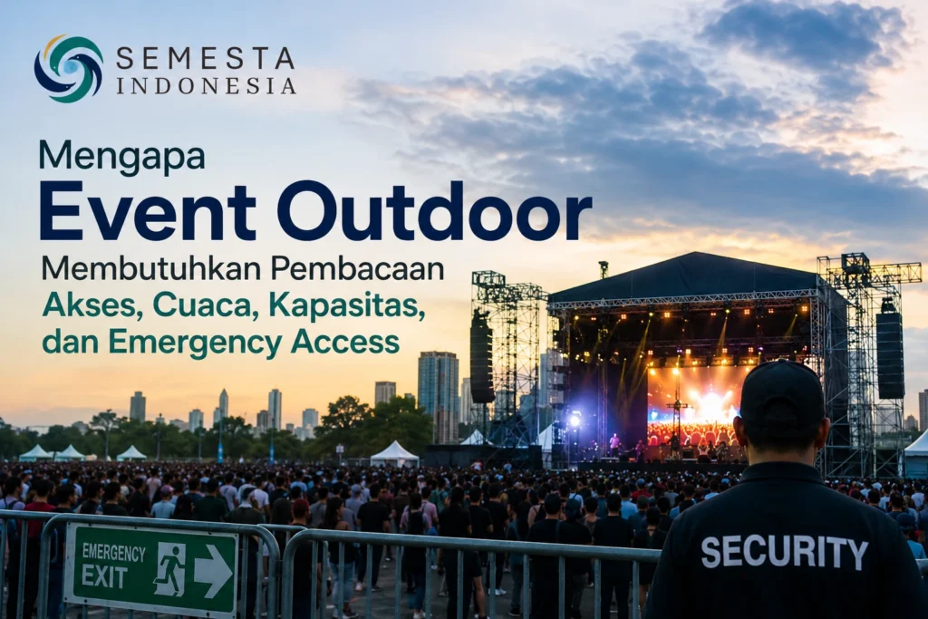 Mengapa event outdoor membutuhkan pembacaan akses, cuaca, kapasitas, dan emergency access untuk memastikan keamanan, kenyamanan, dan kelancaran acara.