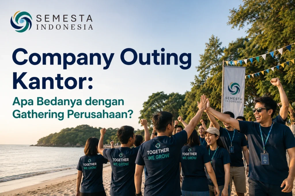 Company outing kantor di tepi pantai dengan karyawan mengikuti kegiatan team building untuk menjelaskan perbedaan company outing kantor dan gathering perusahaan.