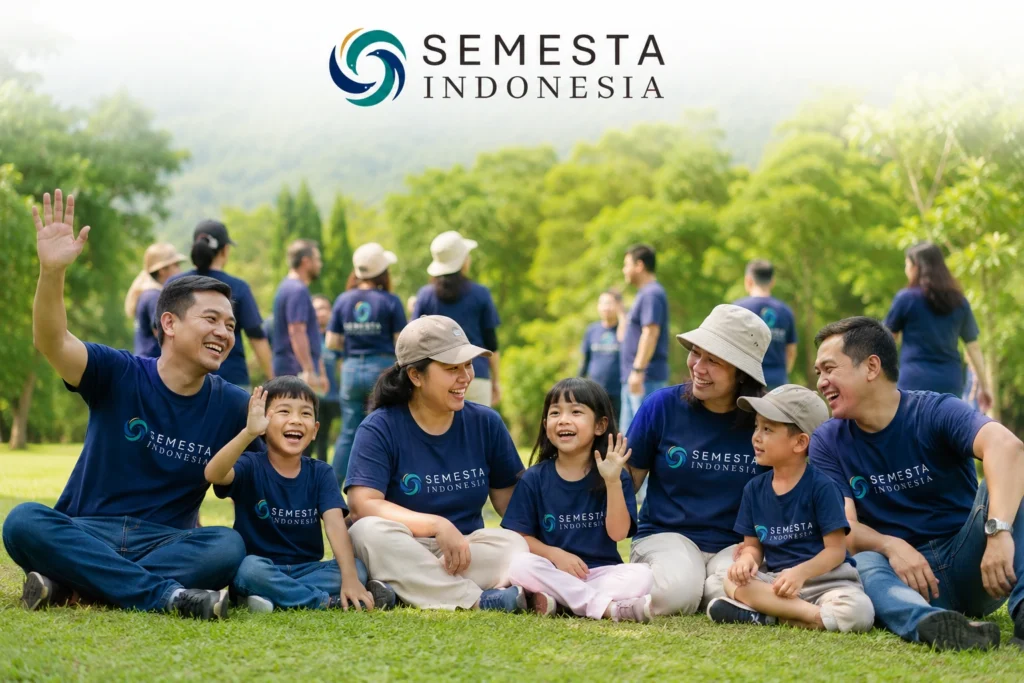 Family gathering perusahaan bersama keluarga karyawan di area outdoor dengan branding Semesta Indonesia.