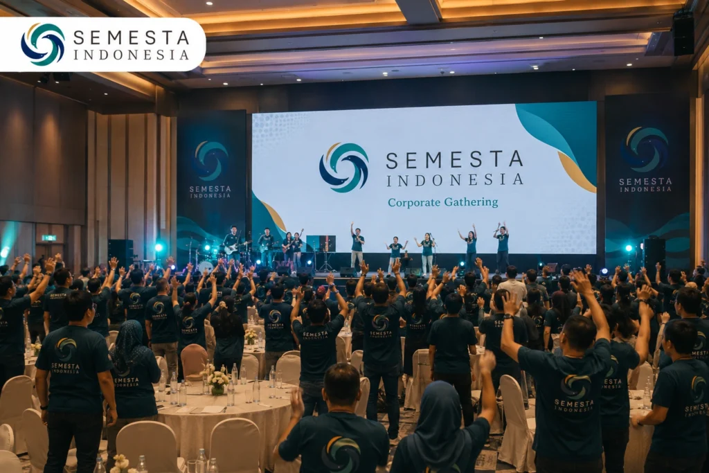 Annual gathering perusahaan Semesta Indonesia dengan peserta antusias di ballroom corporate gathering.