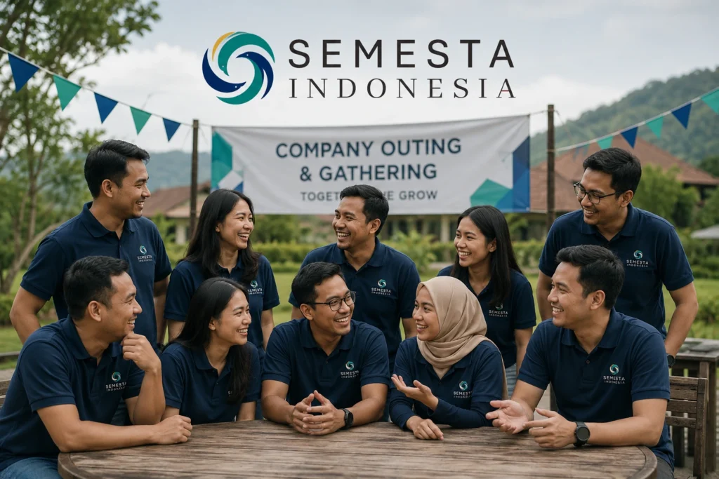 Tim perusahaan berdiskusi dalam suasana outdoor untuk company outing atau gathering bersama Semesta Indonesia