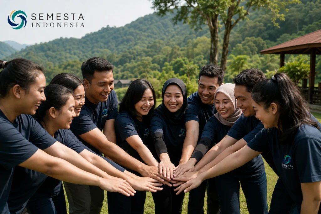 Aktivitas gathering perusahaan bersama Semesta Indonesia di area outdoor dengan peserta melakukan teamwork berlatar pegunungan.