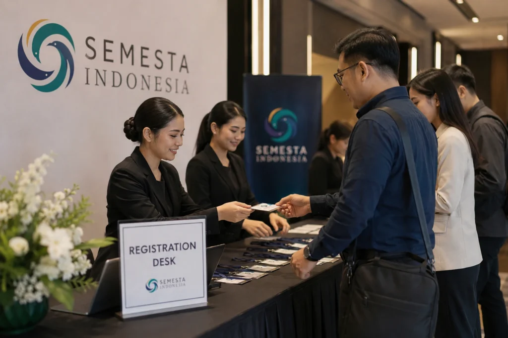 Staf Semesta Indonesia membantu peserta di registration desk seminar dengan badge peserta tertata dan suasana acara profesional.