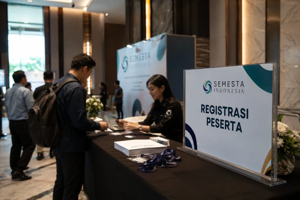 Alur peserta seminar dimulai dari meja registrasi dengan staf Semesta Indonesia membantu peserta di venue acara formal.