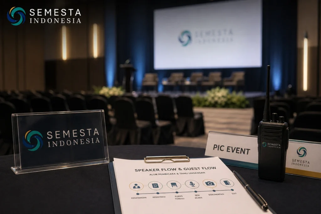 Tampilan meja koordinasi acara formal dengan papan nama Semesta Indonesia, dokumen speaker flow dan guest flow, perangkat komunikasi, serta suasana ruang seminar di latar belakang.