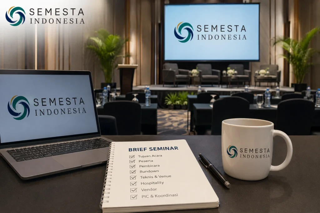 Brief seminar di ruang acara profesional dengan laptop, catatan checklist, dan layar presentasi Semesta Indonesia untuk kebutuhan MICE Support.