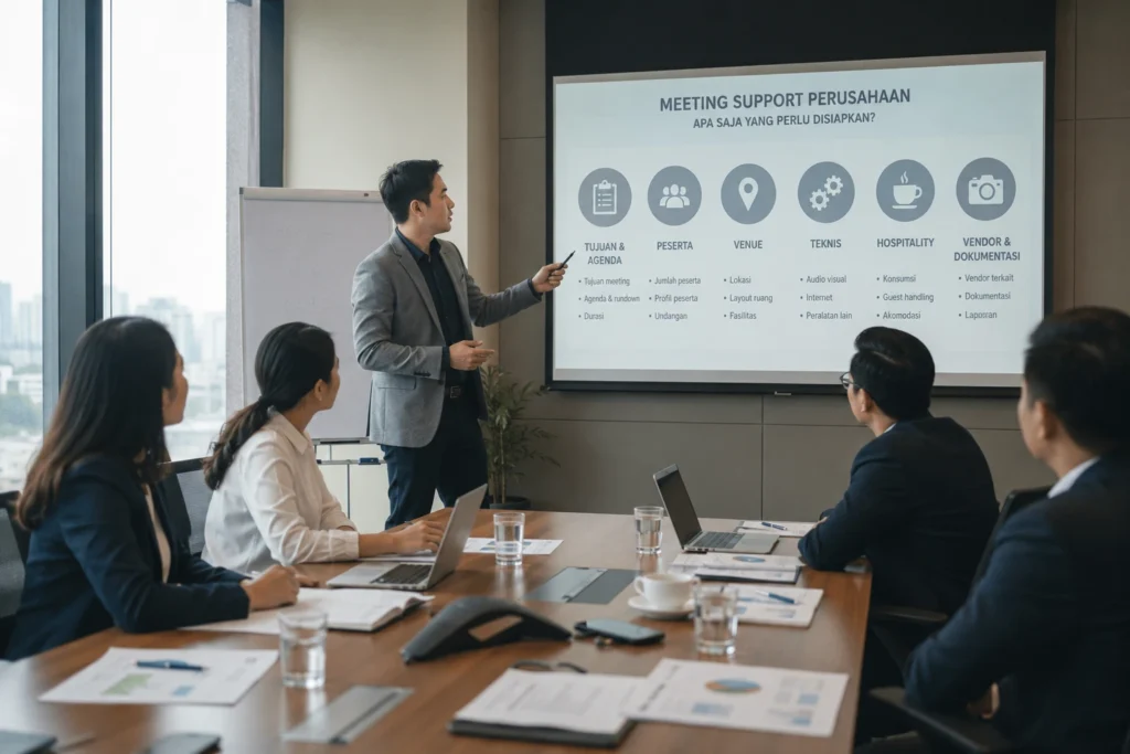 Tim perusahaan mengikuti sesi meeting support di ruang rapat modern, dengan presenter menjelaskan agenda, peserta, venue, teknis, hospitality, dan vendor melalui layar presentasi.