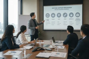 Tim perusahaan mengikuti sesi meeting support di ruang rapat modern, dengan presenter menjelaskan agenda, peserta, venue, teknis, hospitality, dan vendor melalui layar presentasi.