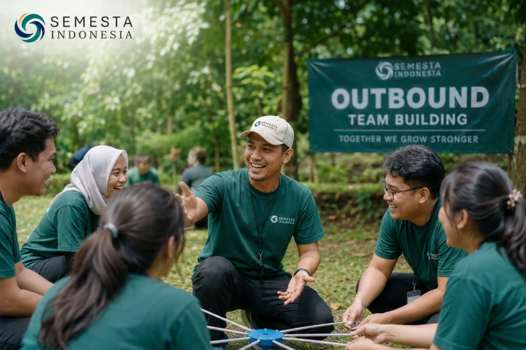 Fasilitator Semesta Indonesia memandu peserta dalam kegiatan outbound dan team building di area terbuka dengan suasana kolaboratif.