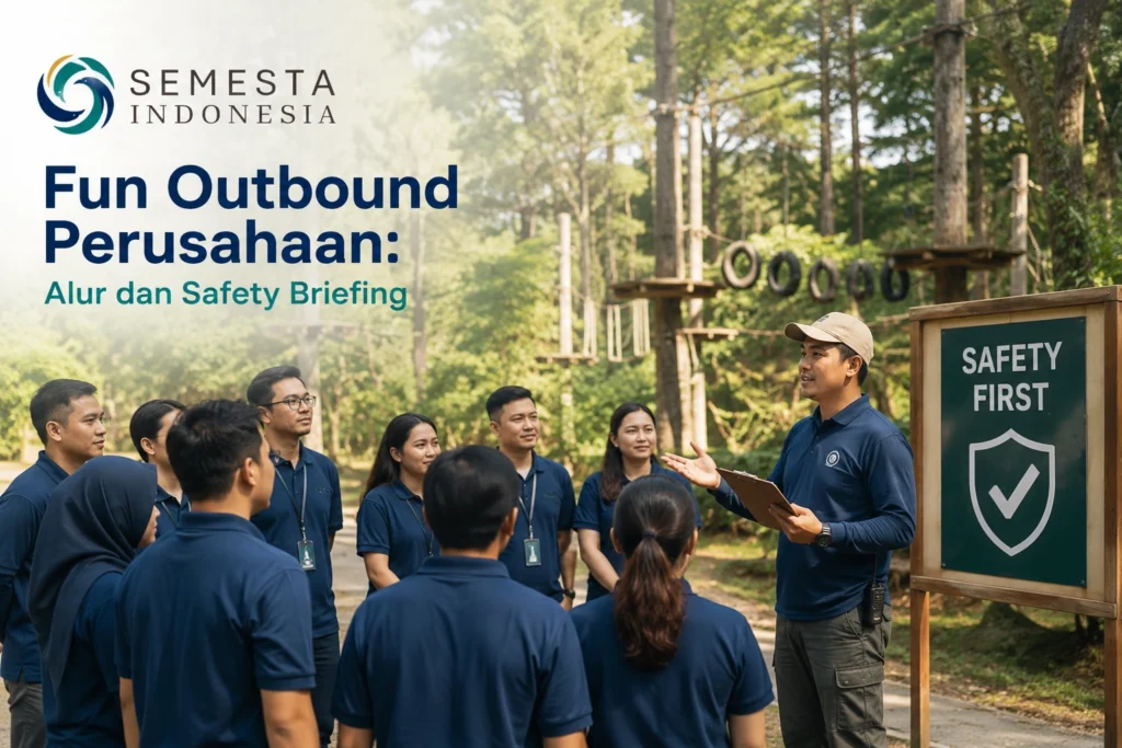 Fun outbound perusahaan dengan safety briefing sebelum kegiatan team building di alam terbuka, dipandu instruktur profesional untuk memastikan keamanan dan kerja sama tim dalam acara corporate gathering.