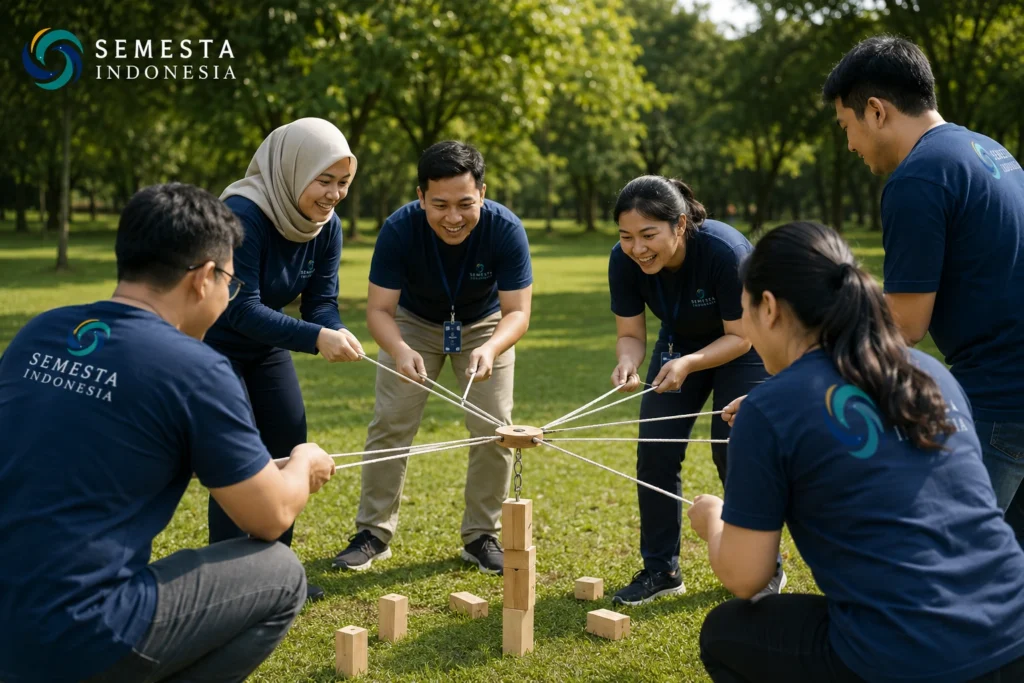 Tim perusahaan mengenakan kaus Semesta Indonesia sedang mengikuti aktivitas team building outdoor dengan permainan koordinasi tali dan balok kayu di area taman.