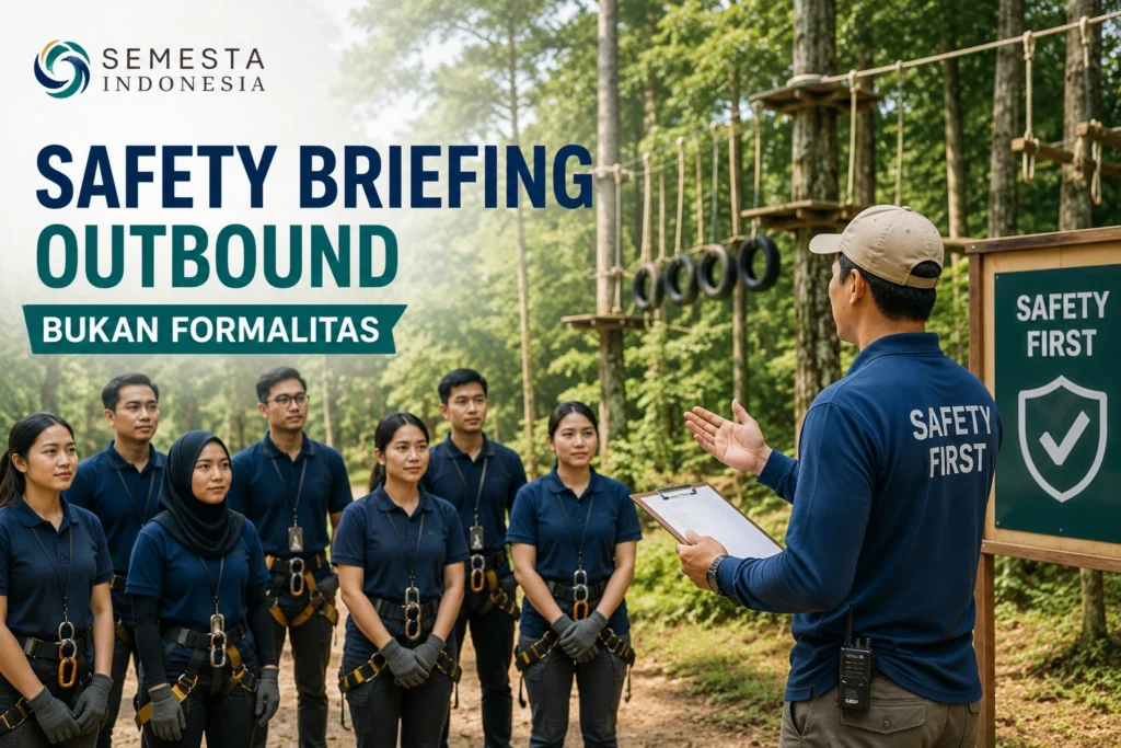 Safety briefing outbound yang dipandu instruktur profesional sebelum kegiatan team building untuk memastikan keamanan, kesiapan peserta, dan kelancaran acara perusahaan.
