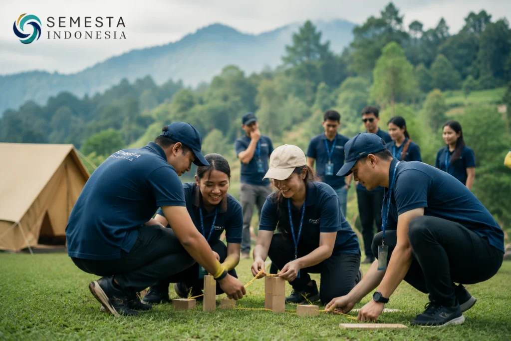 Program outbound perusahaan Semesta Indonesia dengan peserta mengikuti kegiatan team building di alam terbuka