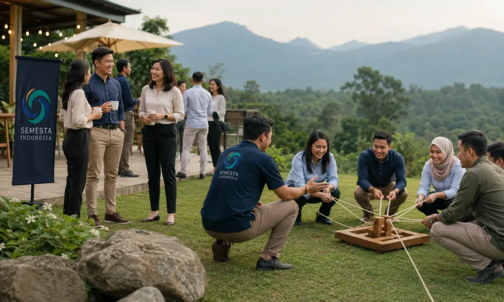 Tim perusahaan mengikuti corporate gathering atau outbound bersama fasilitator Semesta Indonesia di area outdoor pegunungan