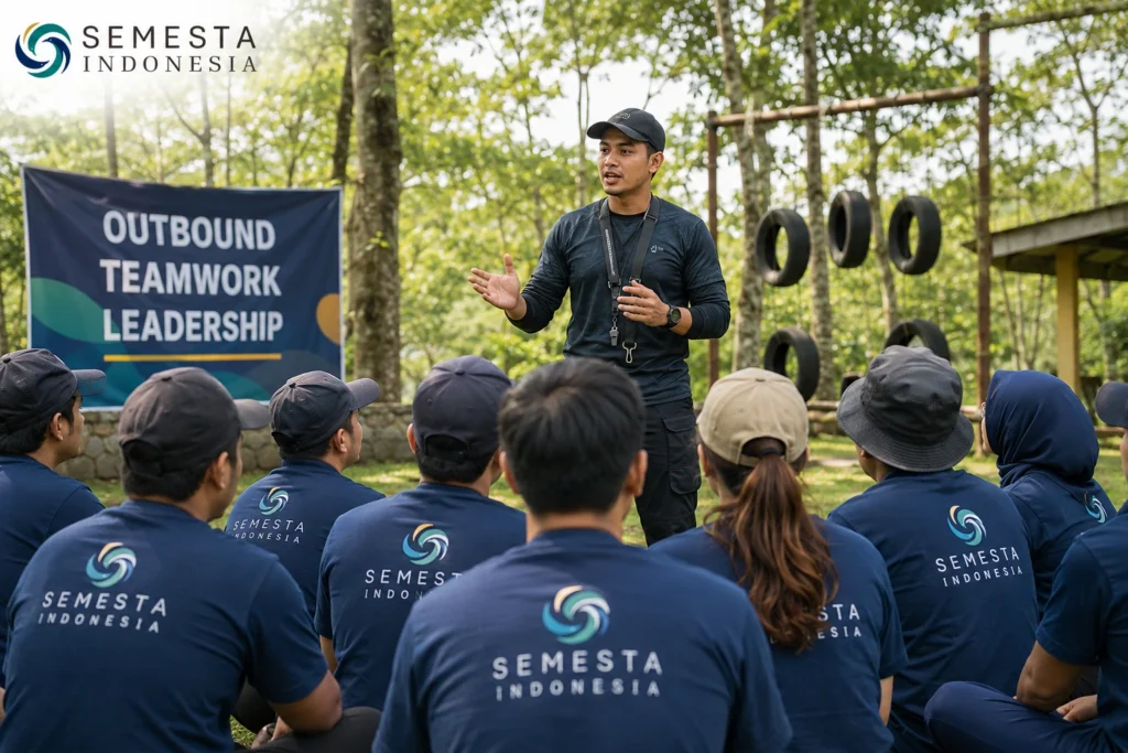 fasilitator outbound memberikan briefing kepada peserta sebelum aktivitas dimulai