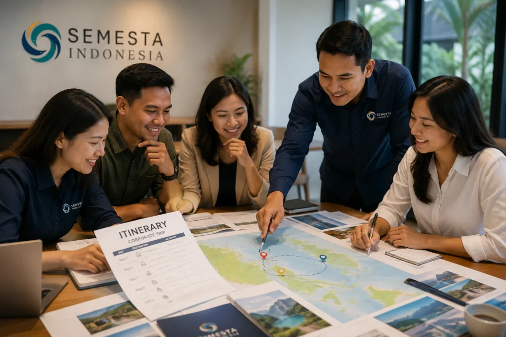 Tim corporate trip perusahaan sedang membaca itinerary dan merancang rute destinasi bersama sebagai bagian dari perencanaan corporate trip Semesta Indonesia