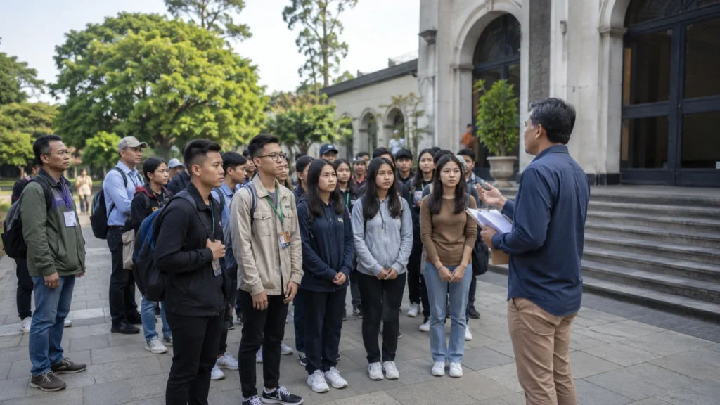 Rombongan pelajar dan pendamping mengikuti briefing sebelum memulai educational trip di area destinasi edukatif.