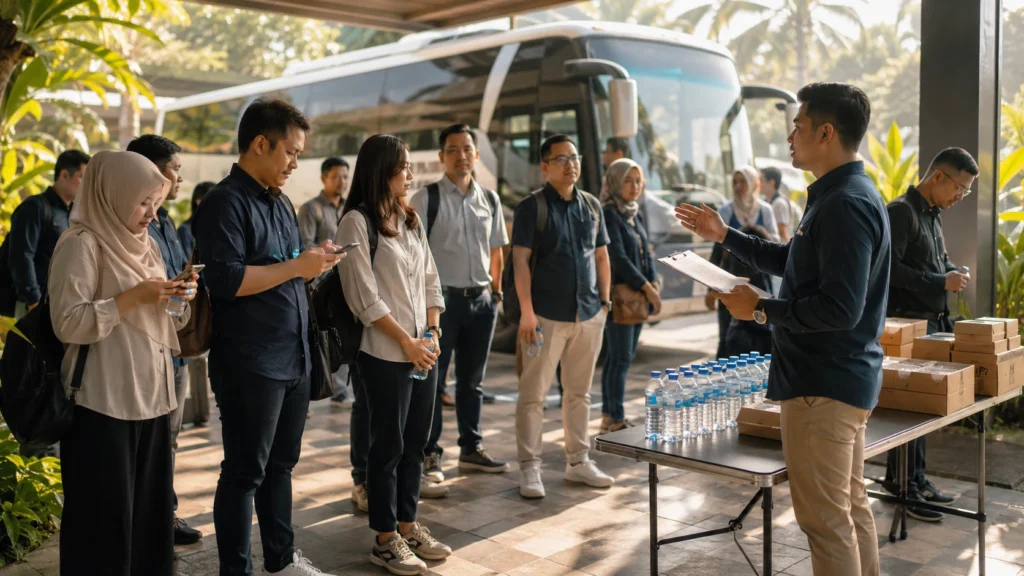 Peserta perjalanan grup berkumpul tertib di dekat bus dengan koordinator yang memberi arahan sebelum keberangkatan.