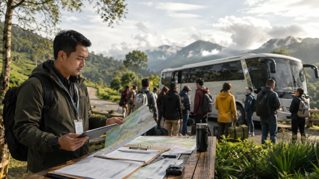 Peserta perjalanan grup berkumpul tertib di dekat bus dengan koordinator yang memberi arahan sebelum keberangkatan.