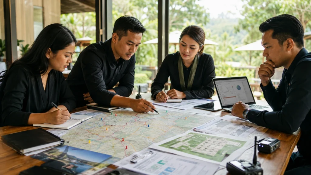 Tim perencana acara meninjau peta, rute, itinerary, dan layout venue sebagai ilustrasi destination management.