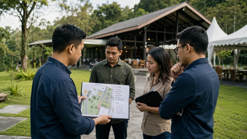 Tim event membaca kelayakan venue untuk event, gathering, dan outbound dengan memperhatikan akses, kapasitas, flow peserta, titik kumpul, dan risiko lapangan