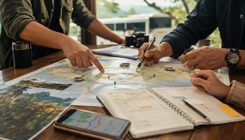Tim perencana perjalanan sedang membaca peta rute, itinerary, titik kumpul, dan jadwal untuk route planning perjalanan grup berbasis destinasi.