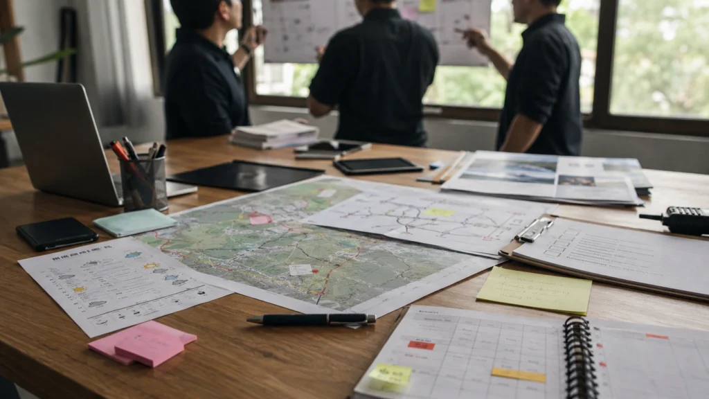 Meja perencanaan program lapangan dengan peta lokasi, catatan rute, checklist risk note, dan rundown untuk membaca risiko akses, cuaca, kapasitas, peserta, vendor, dan scope layanan.
