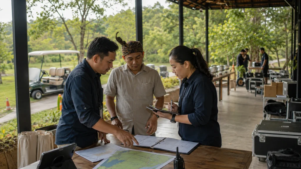 Tim program dan vendor lokal berdiskusi di area venue untuk merencanakan koordinasi program berbasis destinasi.