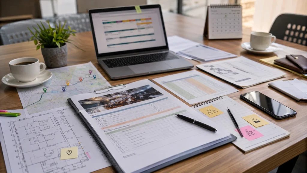 Meja kerja berisi proposal event, checklist, itinerary, peta rute, dan catatan PIC untuk perencanaan event dan perjalanan grup.