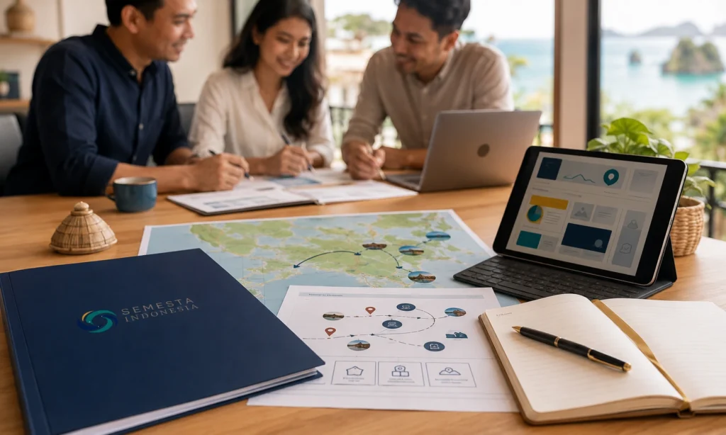 Perencanaan Tourism Experience dan Destination Management Semesta Indonesia dengan peta destinasi, itinerary, dan dokumen perjalanan