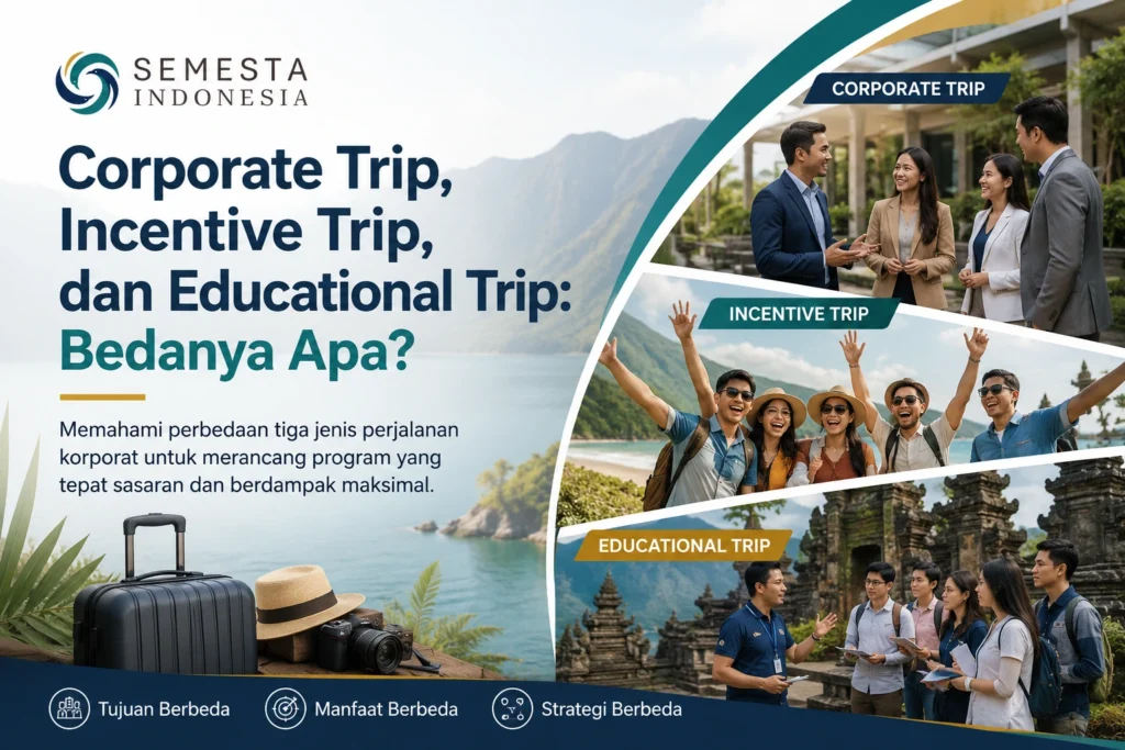 Ilustrasi Semesta Indonesia tentang perbedaan corporate trip, incentive trip, dan educational trip untuk perjalanan perusahaan.