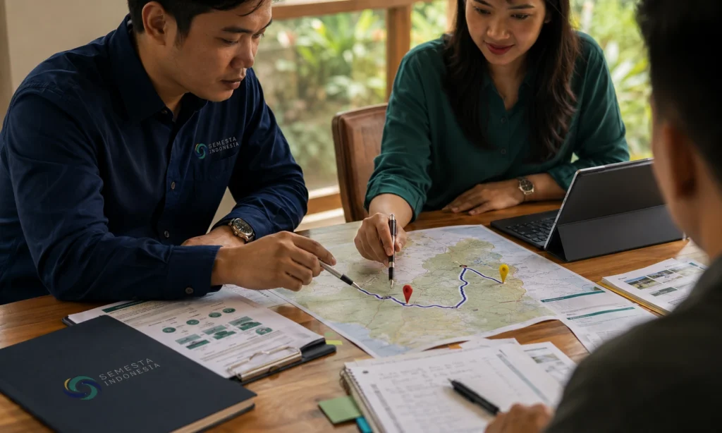 Perencanaan program lapangan Semesta Indonesia dengan peta venue, destinasi, dan rute peserta.