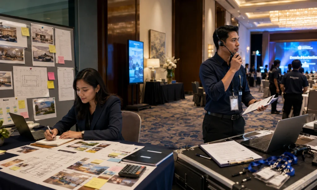 Event organizer mengoordinasikan pelaksanaan corporate event di ballroom hotel, sementara event planner menyiapkan konsep, timeline, dan layout acara perusahaan.
