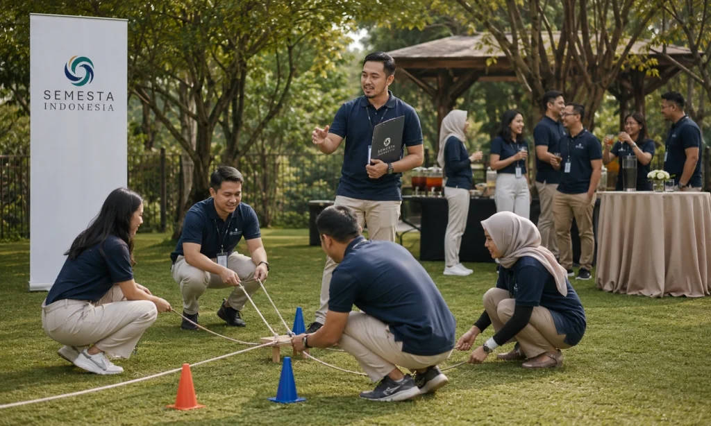 Ilustrasi outbound team building dan employee gathering perusahaan bersama Semesta Indonesia di area outdoor.