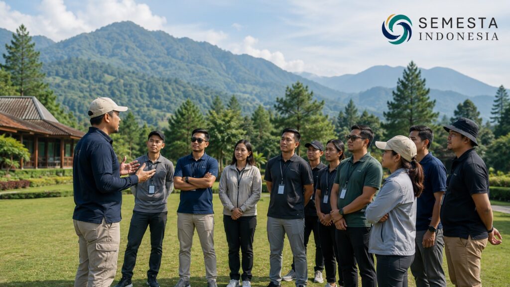 Fasilitator memberi safety briefing kepada peserta outbound perusahaan di Puncak sebelum aktivitas dimulai.