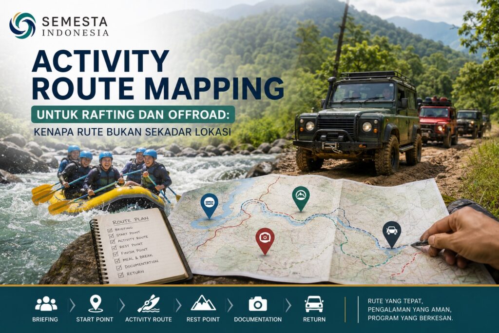 Peta activity route mapping untuk rafting dan offroad dengan jeep, perahu rafting, titik rute, dan branding Semesta Indonesia.