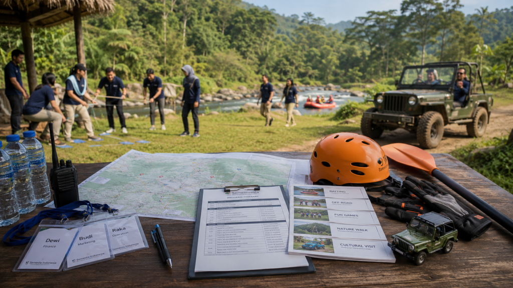 Perencanaan aktivitas outdoor corporate outing dengan outbound, rafting, offroad, tourism experience, peta lokasi, perlengkapan outdoor, dan branding Semesta Indonesia.